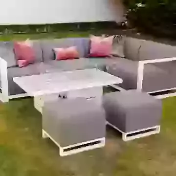 Modern Outdoor White and Grey Metal Corner Sofa, Footstools and Geometric Coffee Table with Fire Pit